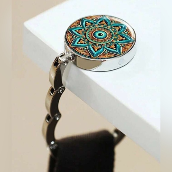 Foldable Metal Handbag Holder/Hook, Geometric Flower, Blue/Orange - Picture 1 of 8
